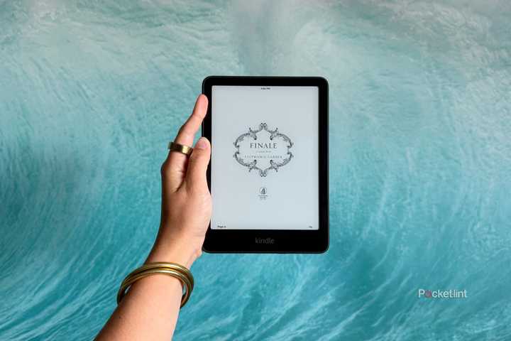 Holding a Kindle Paperwhite in front of a wave picture. 