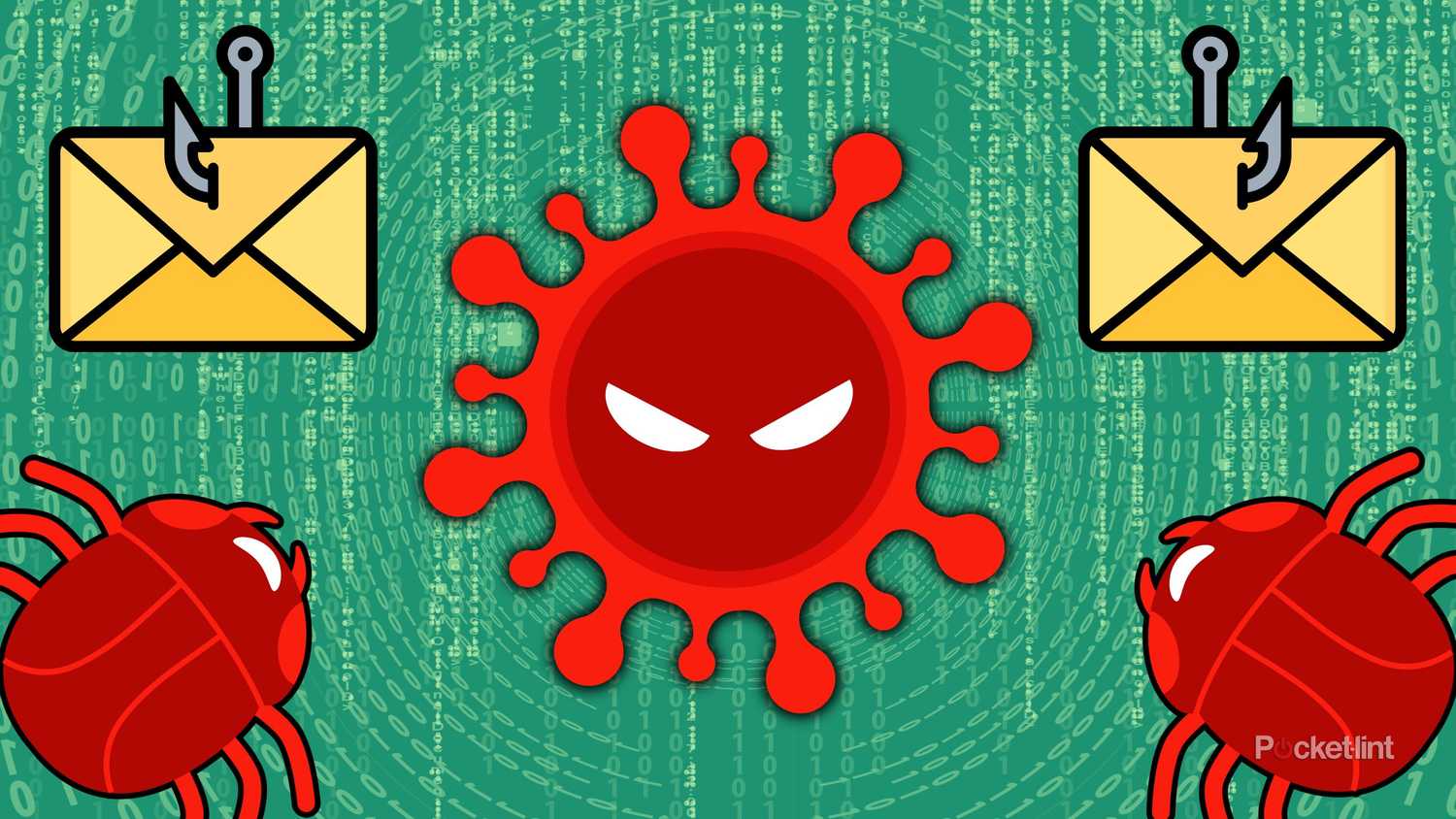 A virus, two bugs, and phishing icons. 