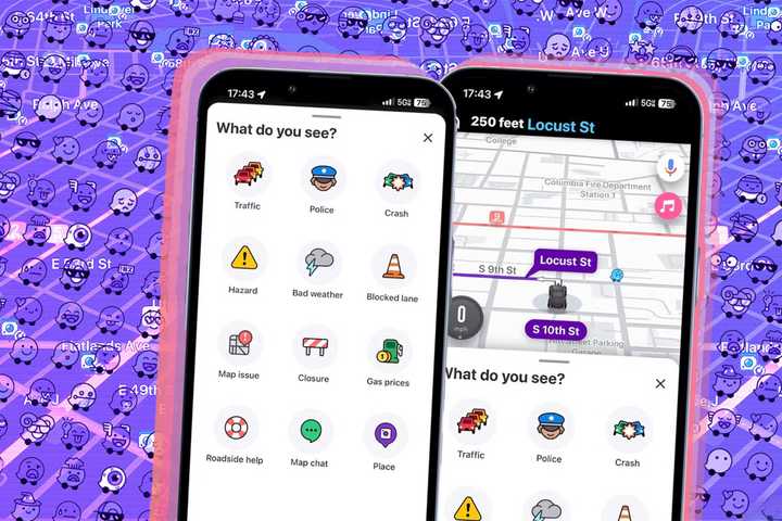Two renderings of phones with Waze apps open. 
