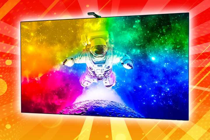 An astronaut in rainbow space. 