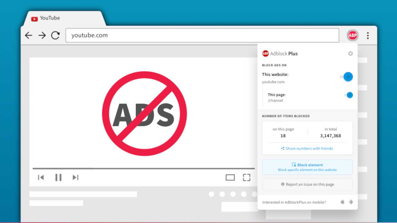 A mockup of Adblock Plus filtering YouTube.