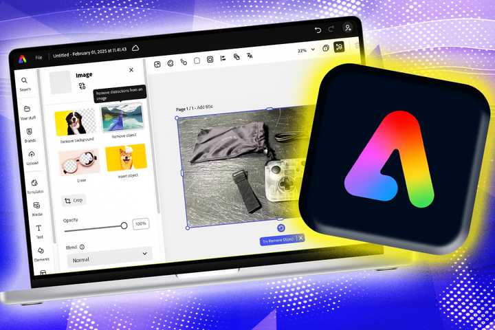 Adobe Express app icon over a MacBook. 