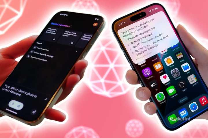 Gemini and Apple Intelligence on two phones side by side. 