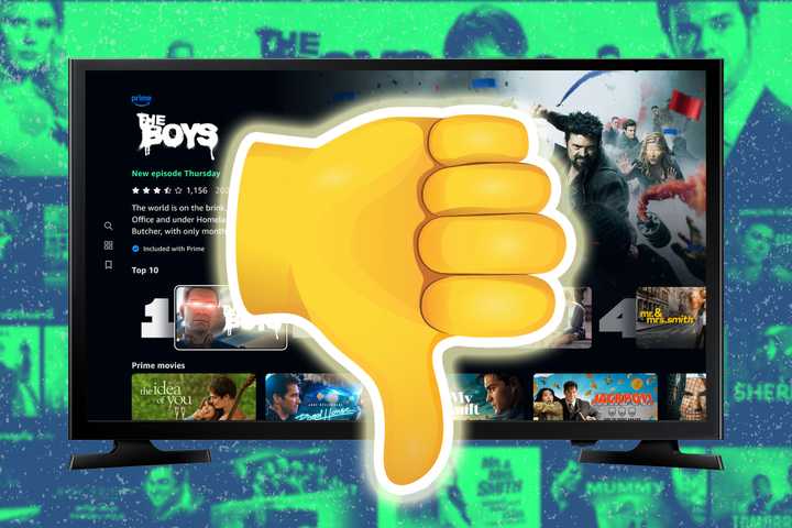 Amazon Prime with an emoji thumbs down rendered over the TV.