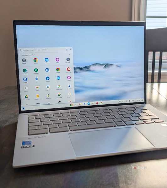The Asus Chromebook Plus sitting on a table