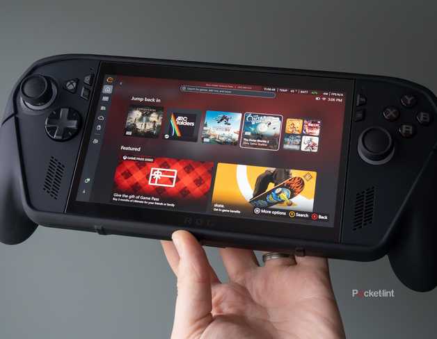 The ROG Xbox Ally X Killswitch case being held in front of a green wall 