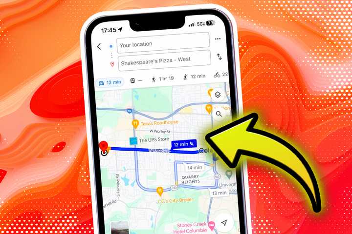 An iPhone with Google Maps directions pulled up against an orange background. 