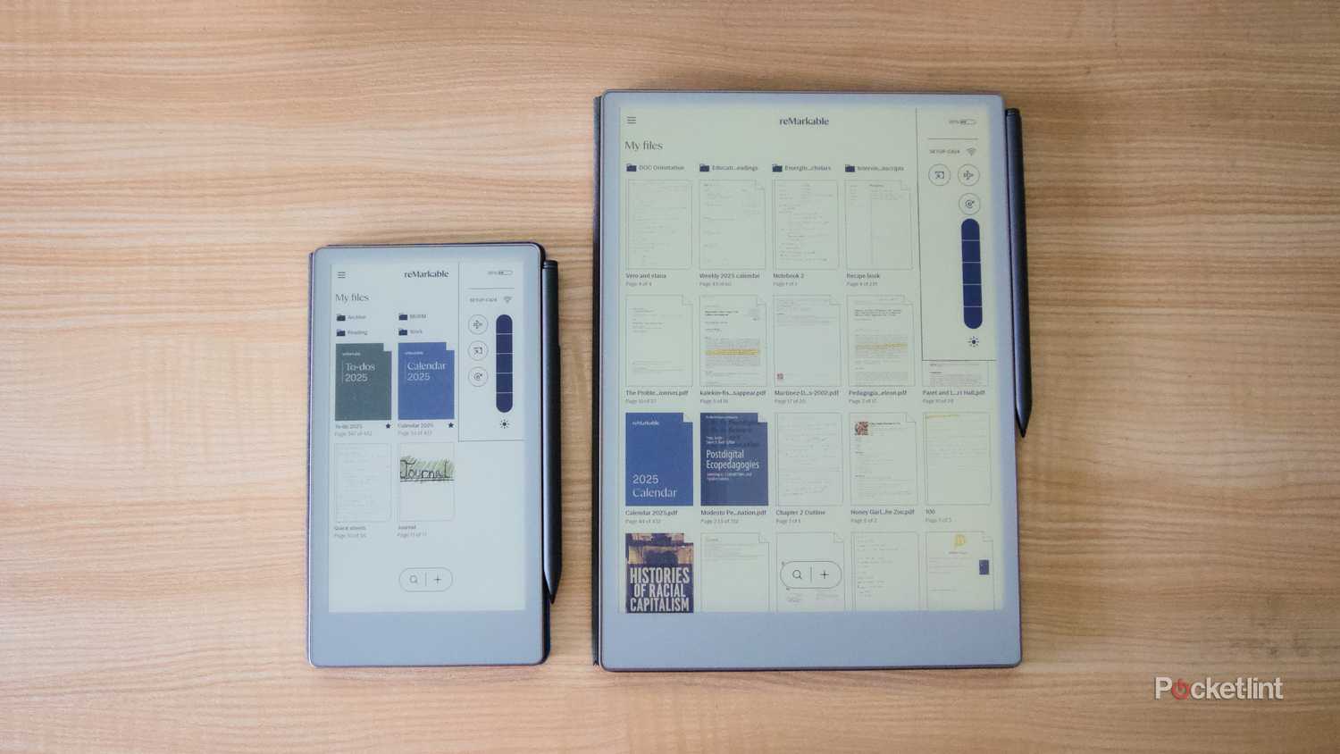 A reMarkable Paper Pro Move next to a reMarkable Paper Pro with their backlights turned all the way up.