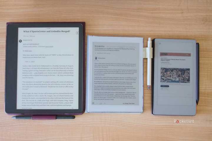 A Kindle Scribe, Supernote Nomad, and reMArkable Paper Pro Move displaying imported articles.