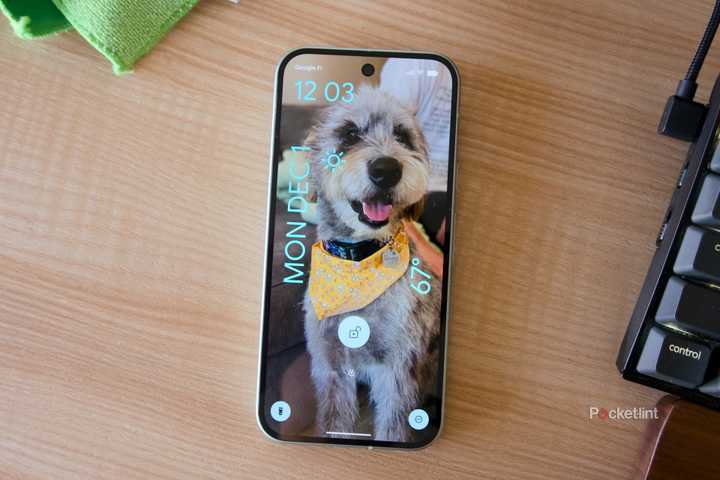 A Pixel 9 on a desk displaying a lockscreen with a picture of a dog.