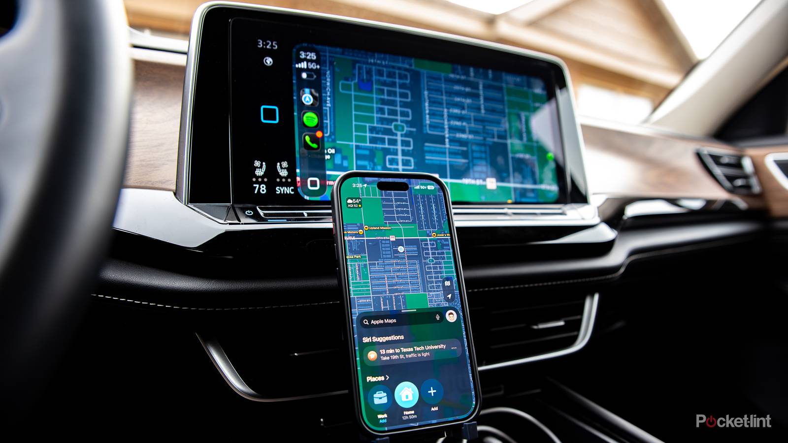 A still photo of an iphone 16 Pro mounted on the Lounge-IT phone mount. 