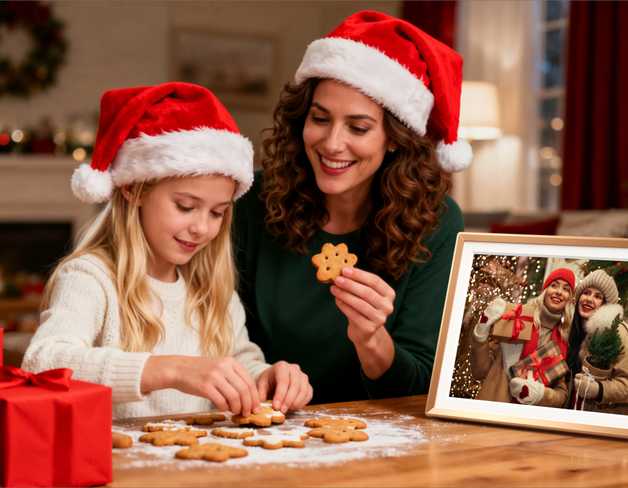 A mom and daughter in santa hats make cookies beside a photo frame