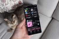 Galaxy S25 Ultra Spotify above a cat laying on a sofa. 