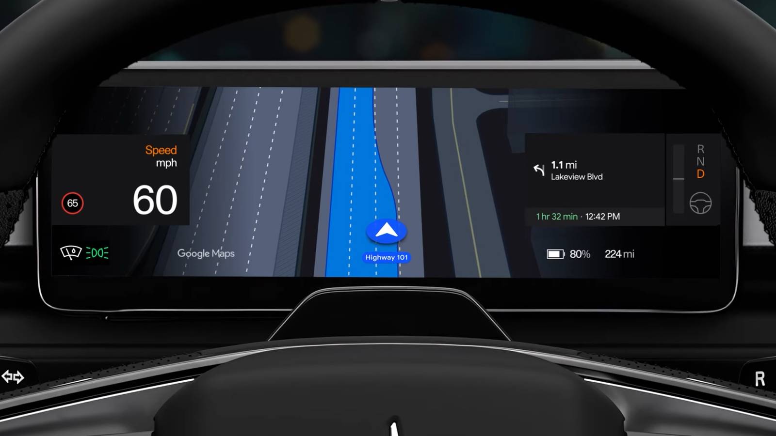 Google Maps live lane guidance in Polestar car.