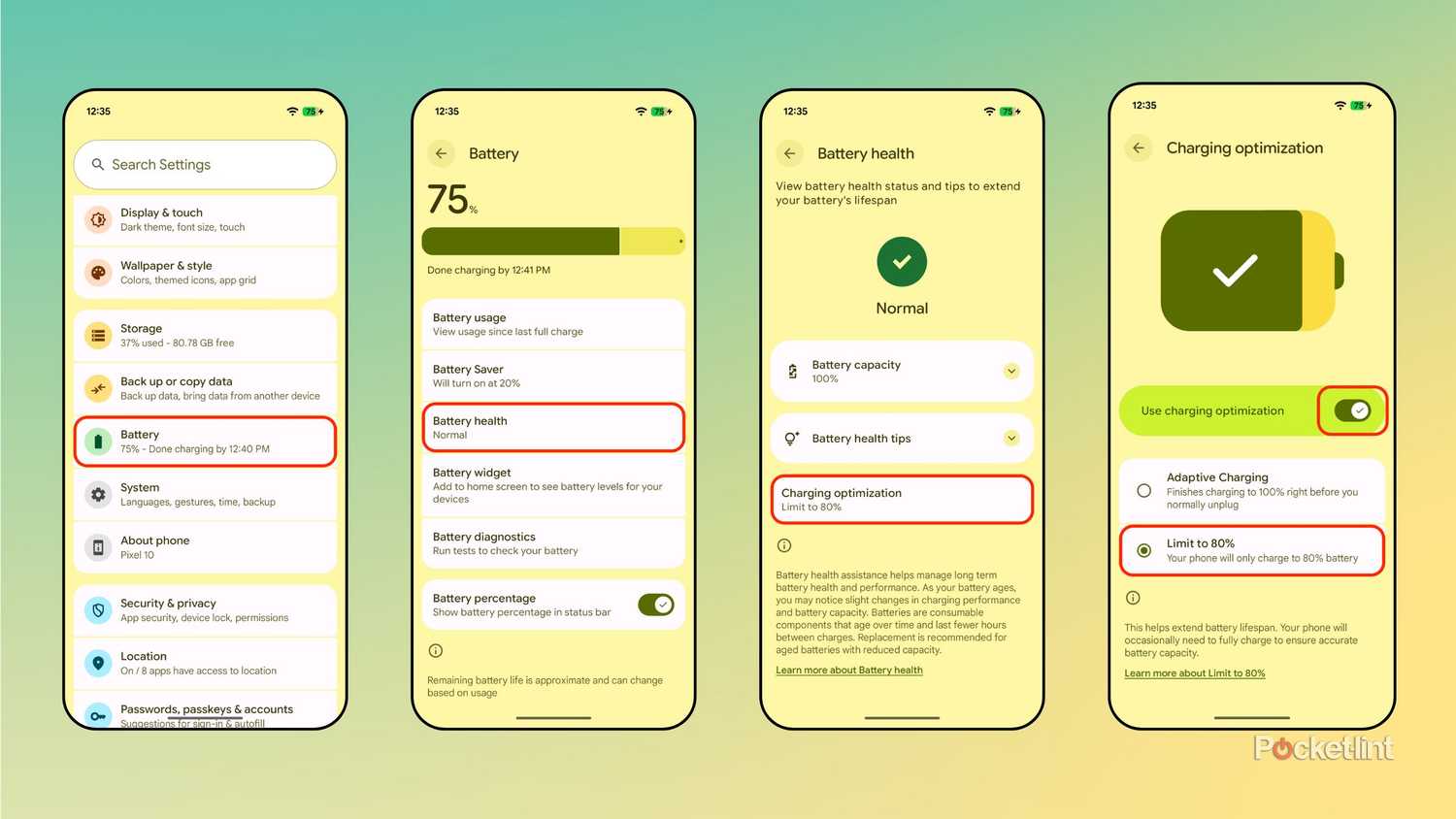 Google Pixel set charge limiter screenshots