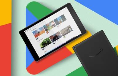 An Amazon Fire tablet over of the Play Store logo.