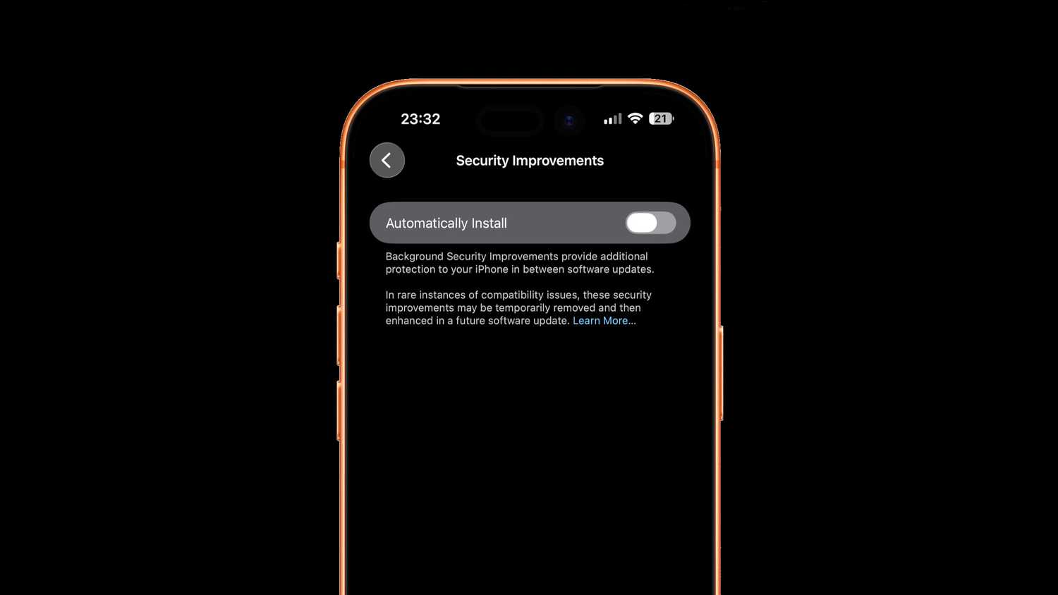 Toggling Background Security Improvements in iOS 26.1.