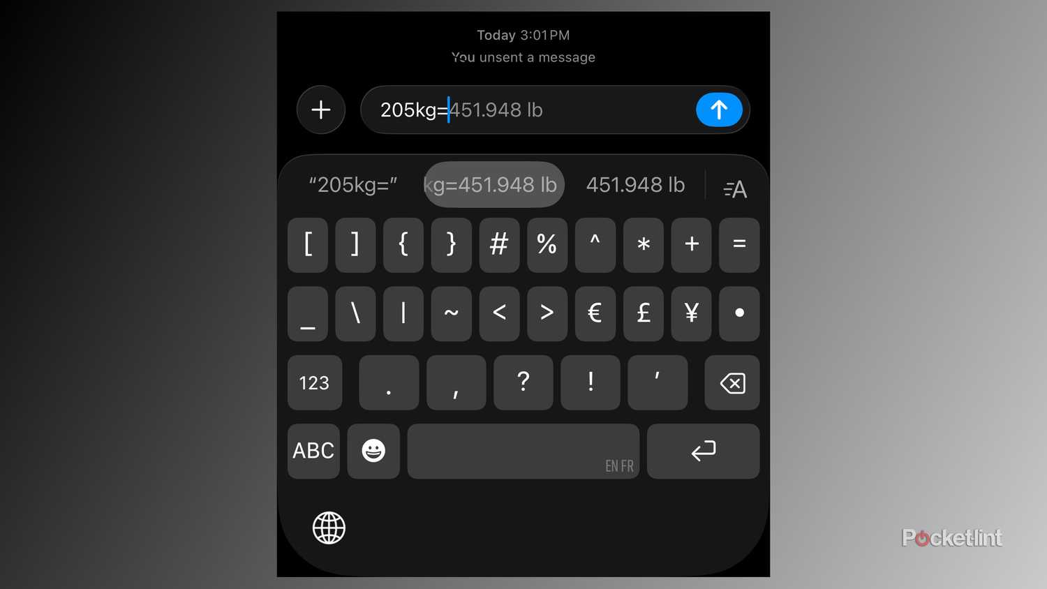 Unit conversion in iOS 26 Messages.