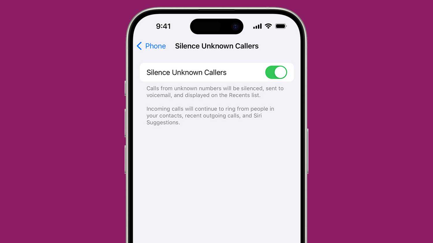 The Silence Unknown Callers option on an iPhone.