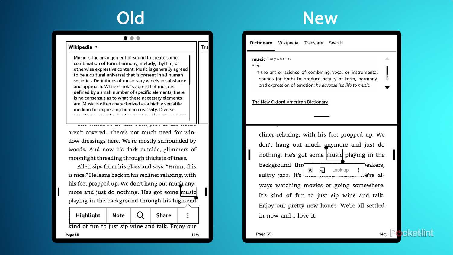 Kindle user interface comparison between updates.