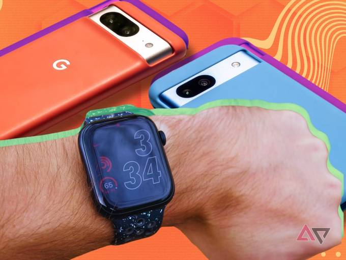 Apple Watch on wrist over two pixel phones on a patterned background