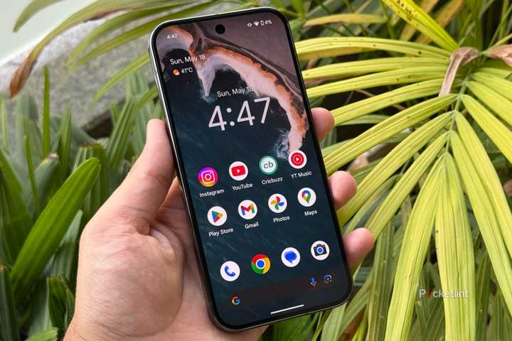 The homescreen of the Google Pixel 9 Pro, outdoors.