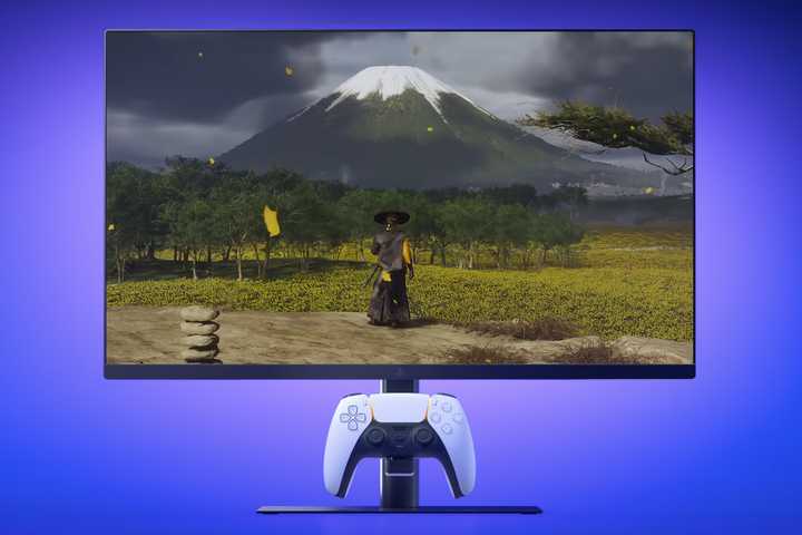 PlayStation Gaming Monitor on purple background.