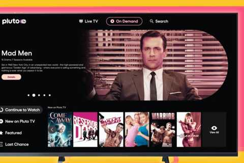 Pluto TV on screen with a yellow and pink background.