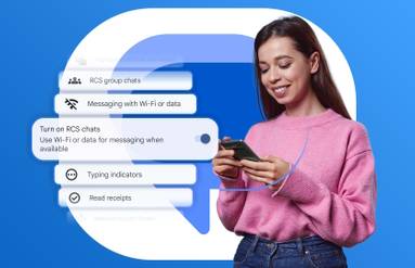 Some series recommendations with a reset button above showing a woman messaging on her phone with RCS enabled and the Google Messages logo in the background.