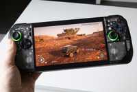 ROG Ally X playing a game with a car on a dirt road. 