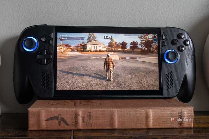 The ROG Xbox Ally X sitting on a book