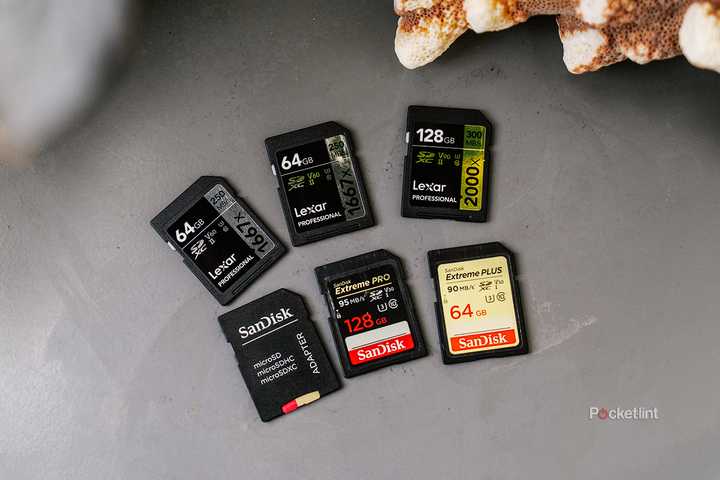 A collection of six SD cards on a table
