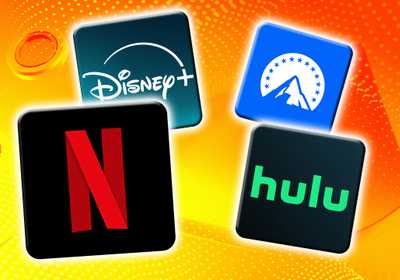 Icons on a yellow background of Netflix, Hulu, Disney+, and Paramount+