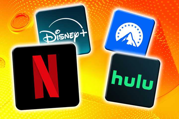 Icons on a yellow background of Netflix, Hulu, Disney+, and Paramount+