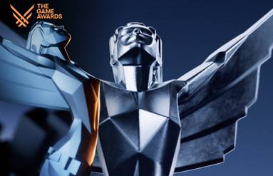 Two overlapping images of the Game Awards troby, depicting an angel with spread wings in a polygonal style.