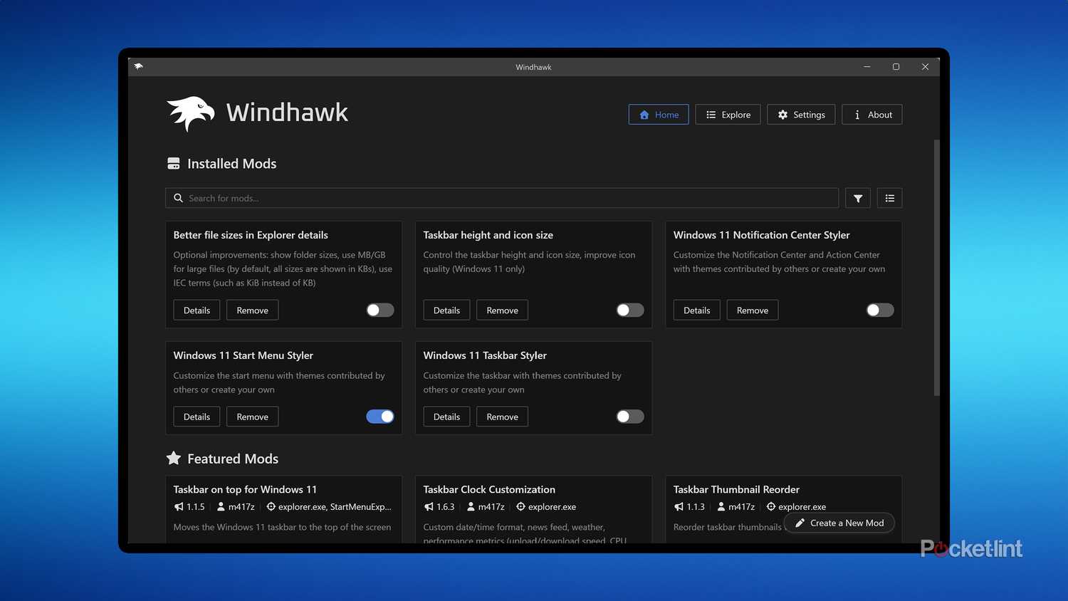 Windhawk home screen.