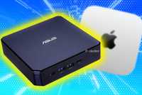 An image of an ASUS Windows-based mini PC in front of th Apple Mac Mini on a textured and blue background.