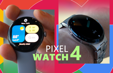 A hand holding a Pixel Watch 4 and another Pixel Watch 4 worn on a wrist