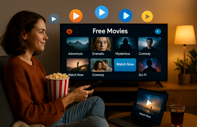 woman watching free streaming service on television and laptop.